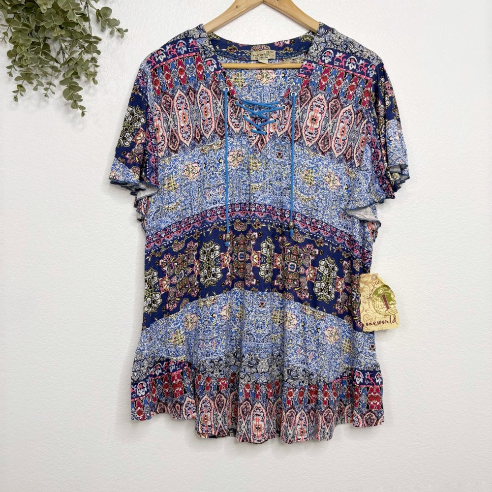 One World Boho Paisley Print Lace Up Tunic Top Women's Plus Size 3X